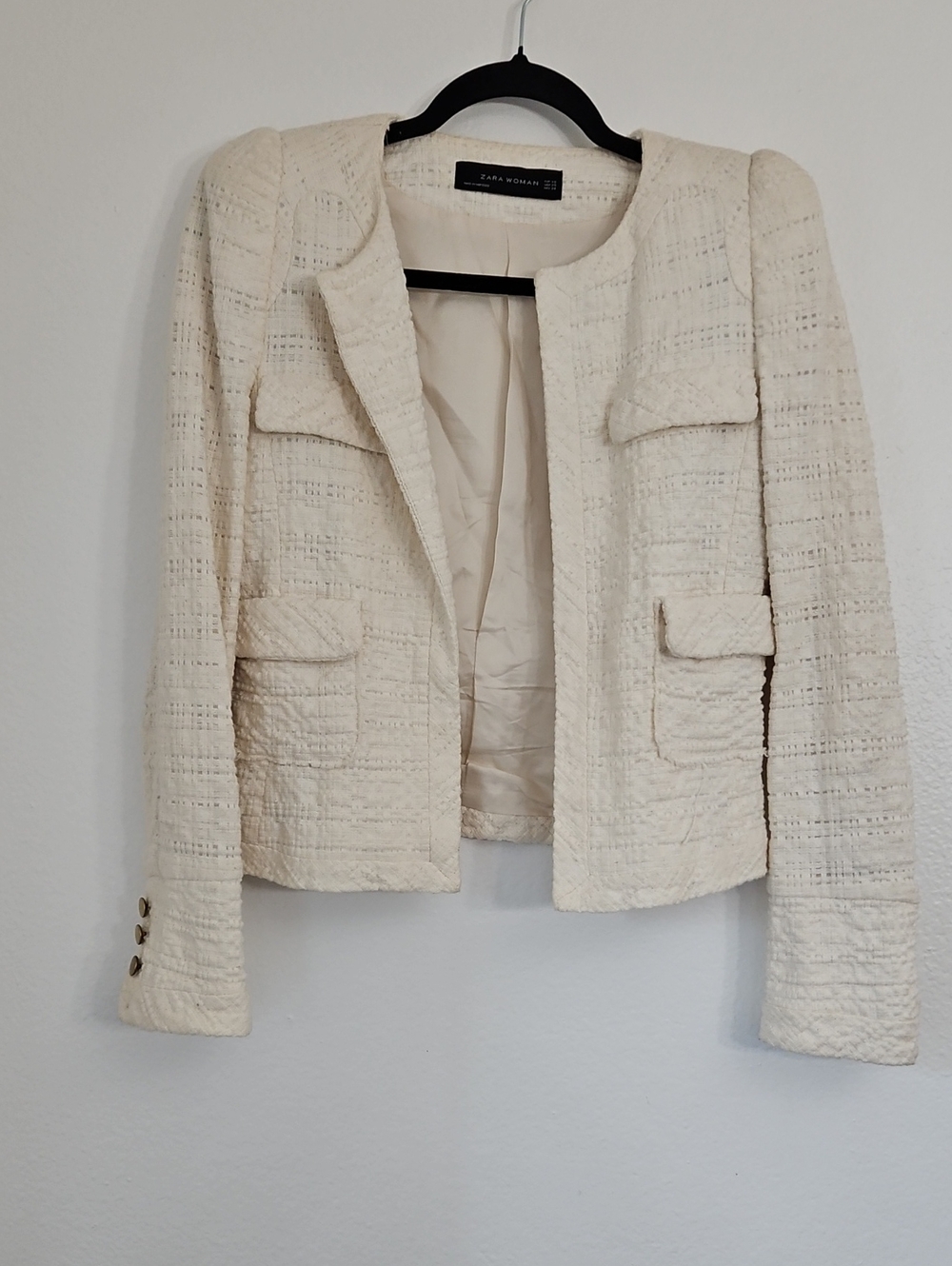 Zara Cream Textured Collarless Tweed Jacket